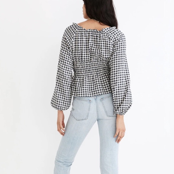 MADEWELL Navy /White Checkered Off The Shoulder Peasant Cropped Ruffle Top (L) - Picture 2 of 15